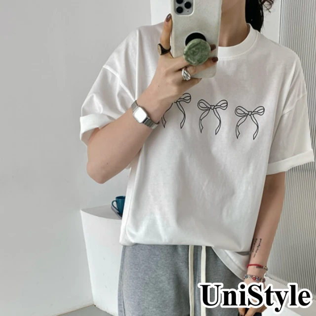 【UniStyle】短袖圓領T恤 韓版歐妮蝴蝶結印花上衣 女 UP1679(白)
