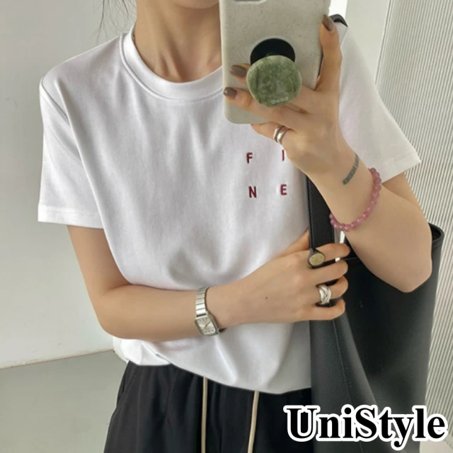 UniStyle 短袖圓領T恤 韓版FINE字母刺繡上衣 女 UP1654(白)