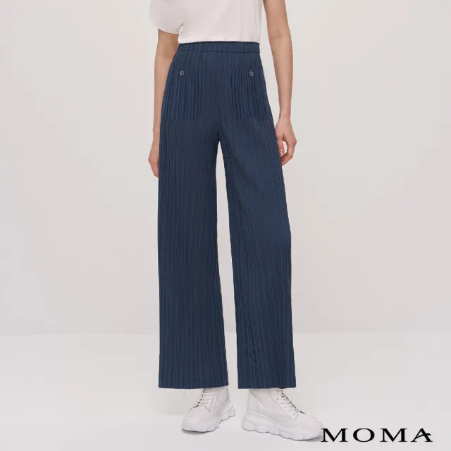 【MOMA】簡約撞色壓褶寬褲(藍色)
