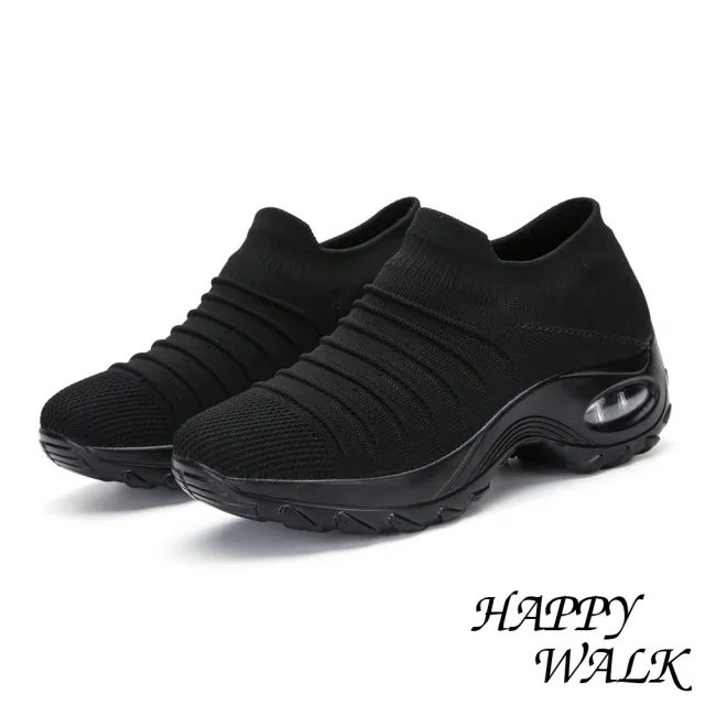 【HAPPY WALK】氣墊休閒鞋/舒適飛織立體摺線時尚造型氣墊休閒鞋(黑)