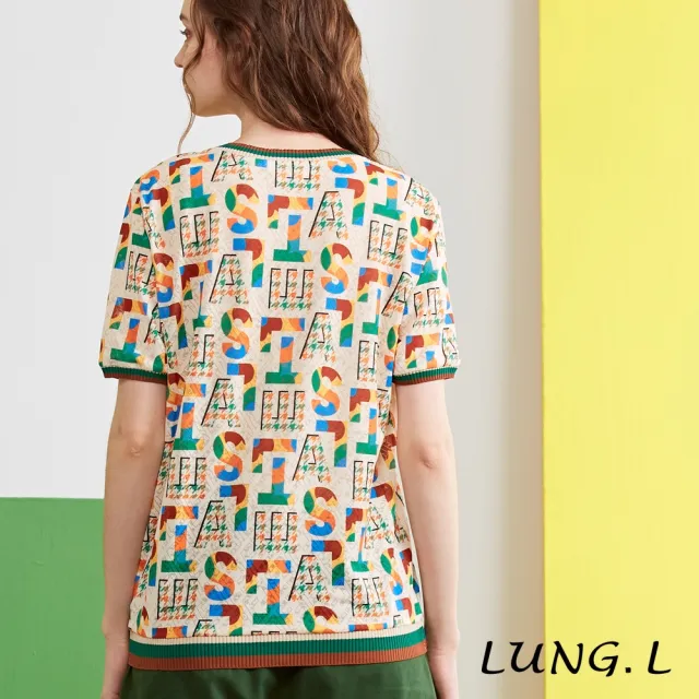 【LUNG.L 林佳樺】LP72A米色搭配彩色字母印花短袖女裝上衣(加大尺碼)