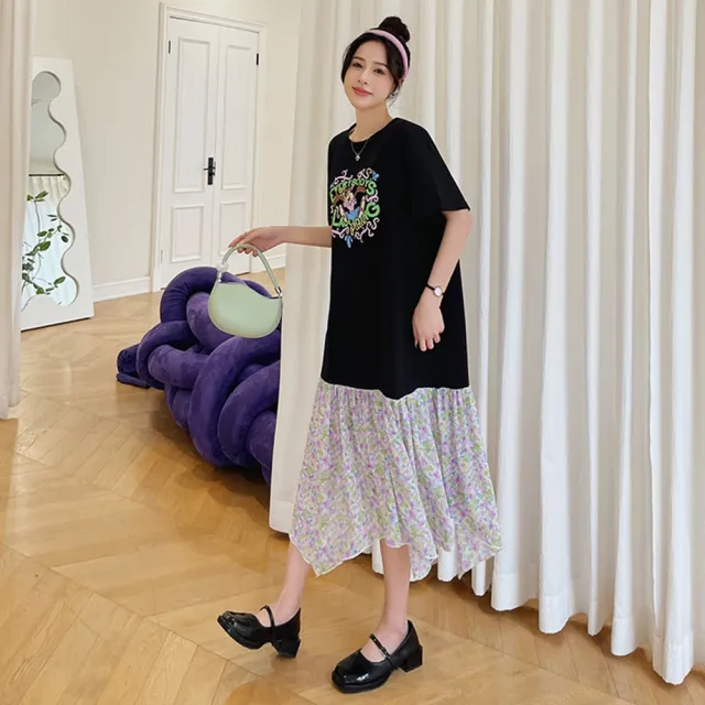 【巴黎精品】現貨+預購 女長洋裝寬鬆連身裙大尺碼長裙連衣裙A字裙休閒大碼女裝(碎花拼接卡通女裙子a1eq74)