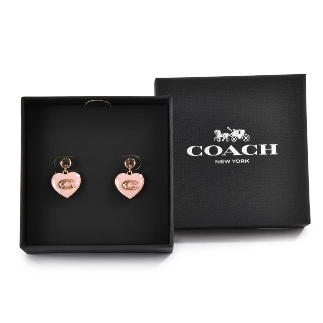 COACHCOACH 亮鑽愛心琺瑯內鑲C字LOGO吊飾造型穿式耳環禮盒(粉紅色)