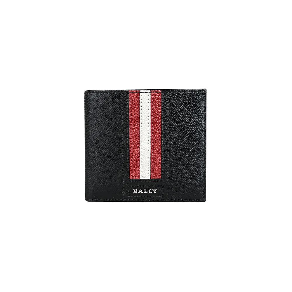 【BALLY】TRASAI銀色金屬LOGO紅白條紋荔枝紋牛皮8卡對折短夾(黑)