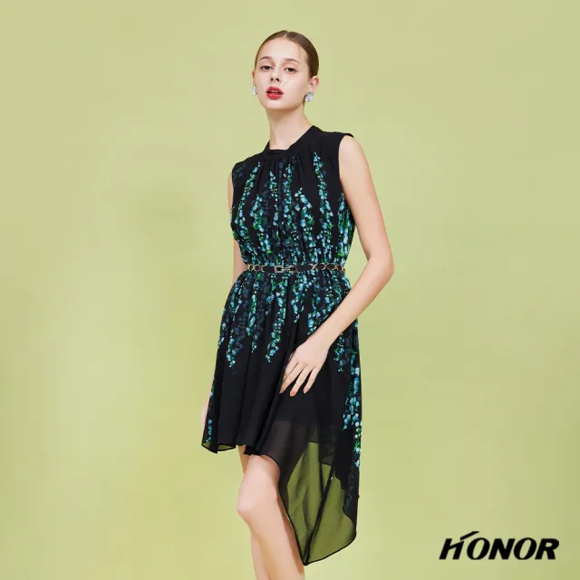 【HONOR 山形屋】出清品 雪紡無袖鬆緊腰身百褶不對稱下擺洋裝(限定出清)