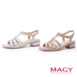 【MAGY】Ｔ字真皮簍空編織粗跟涼鞋(白色)
