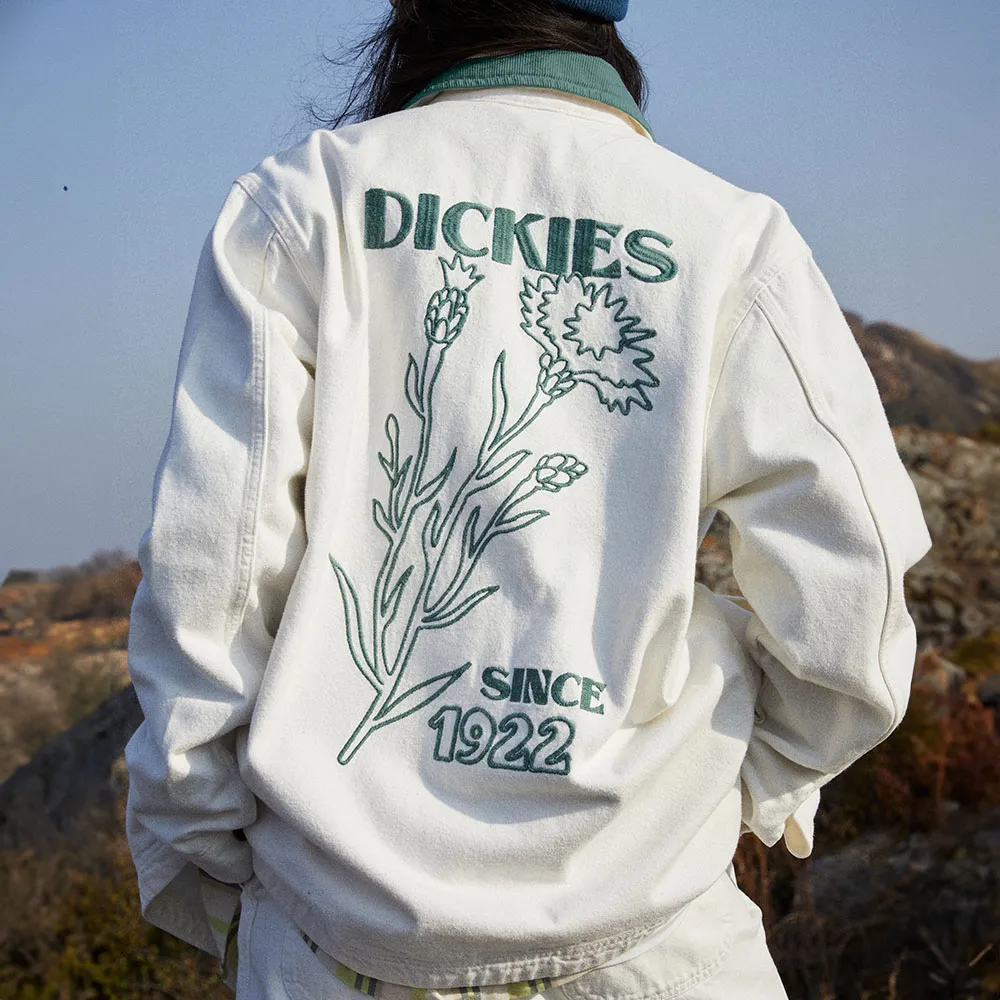【Dickies】男款白色丹寧純棉背面大圖案刺繡設計外套｜DK012970WHX