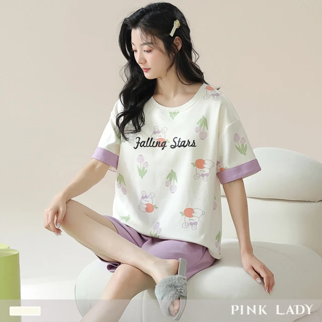 PINK LADY 棉柔短袖睡衣 格子小狗 印花寬版 成套居