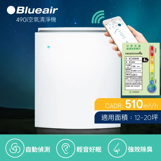 【Blueair】空氣清淨機經典i系列去除99%病毒抗PM2.5過敏原490i(12-20坪)
