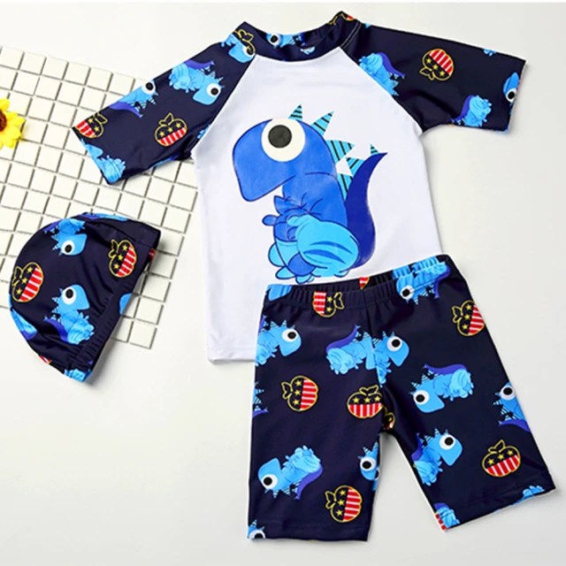 【JoyNa】三件組 兒童泳裝 恐龍款兒童泳衣泳褲