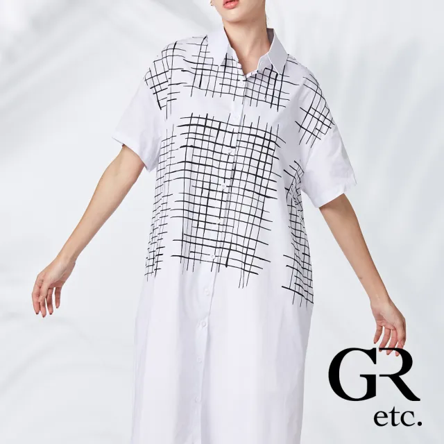 【GLORY21】品牌魅力款-etc.簡約黑白格紋開襟翻領短袖洋裝(白色)