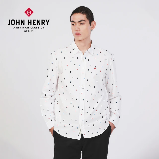 JOHN HENRY 純棉海洋印花襯衫-白色