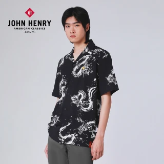 【JOHN HENRY】古巴領龍紋短袖襯衫-黑色