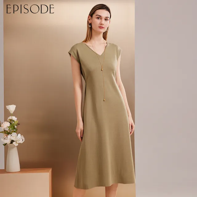 【EPISODE】舒適蠶絲收腰顯瘦V領長洋裝E43733（綠）