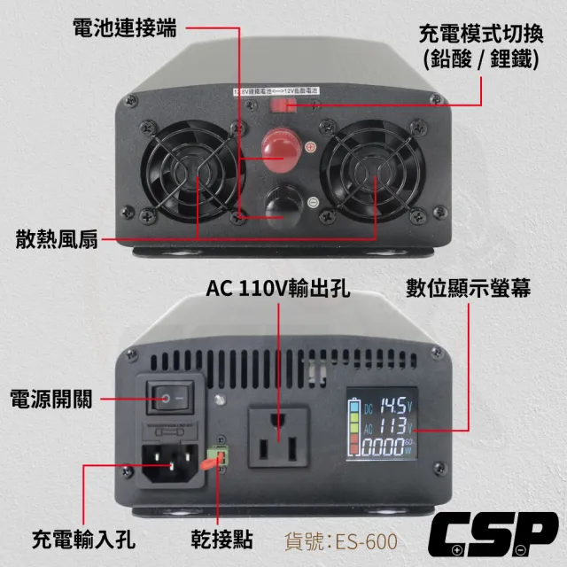 【CSP】ES-600W  600W DC12V轉AC110V(純正弦波電源轉換器-深循環電池Energy storage)