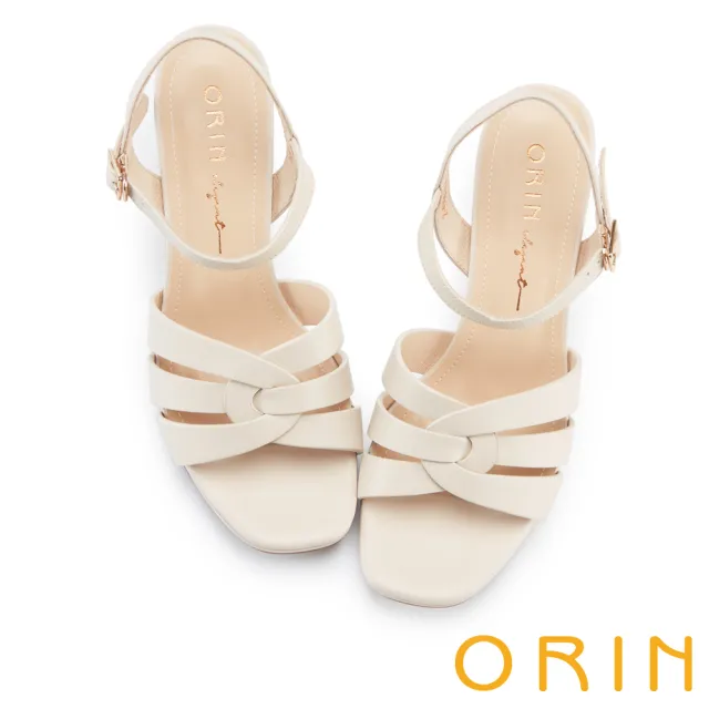 【ORIN】質感編織羊皮粗跟涼鞋(米色)
