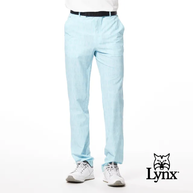 【Lynx Golf】男款防潑水彈性舒適Lynx字樣俏皮印花三色織帶剪接造型平口休閒長褲(三色)