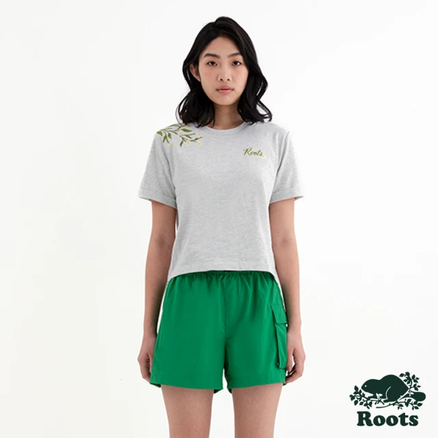 Roots Roots 女裝- FLORAL ROLL SLV CROPPED短袖T恤(白麻灰)