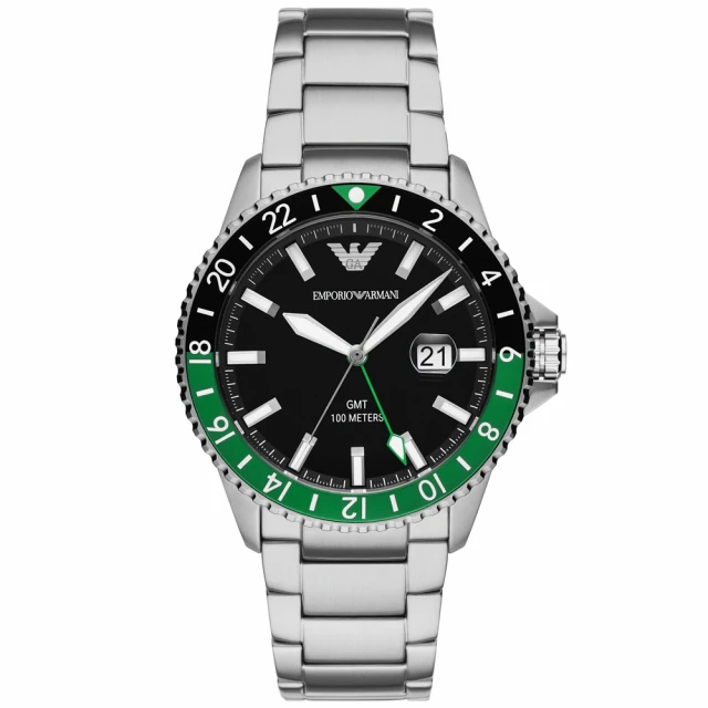 EMPORIO ARMANIEMPORIO ARMANI 亞曼尼 公司貨 Diver 時尚魅力潛水風不鏽鋼腕錶/銀x黑綠框(AR11589)