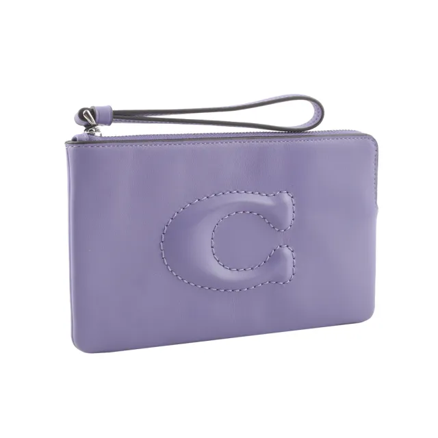 【COACH】C Logo 銀釦縫線標誌平滑皮革大款手拿包(紫羅蘭)