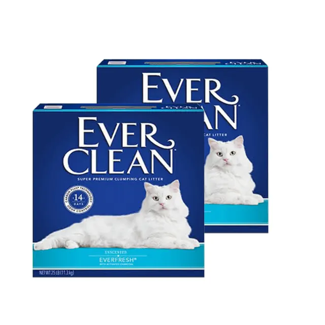 【EverClean 藍鑽】美規貓砂25LB-2入組(雙重活性碳低過敏/白標)