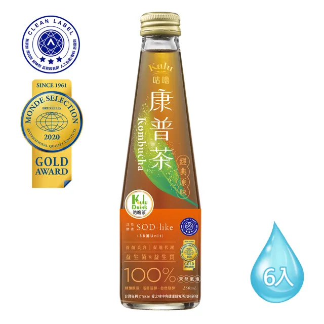 【KuluDrink咕嚕茶】咕嚕康普茶 250ml 6入禮盒(氣泡飲 康普茶 機能飲 益生菌)