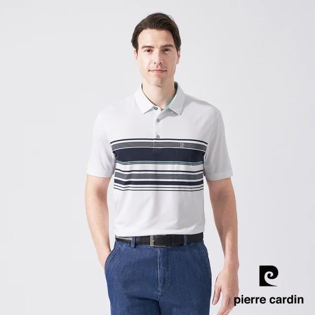 pierre cardin 皮爾卡登 商務休閒 男款 TOP組織定位條襯衫領短袖POLO衫-白色(5247294-90)