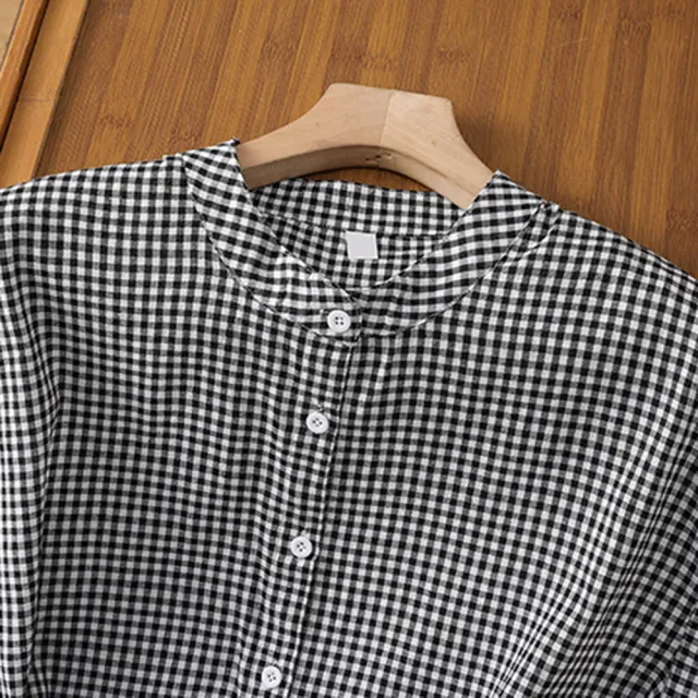【ACheter】日系棉麻感襯衫小立領寬鬆舒適休閒無袖背心短版上衣#121836(白/灰/格子)