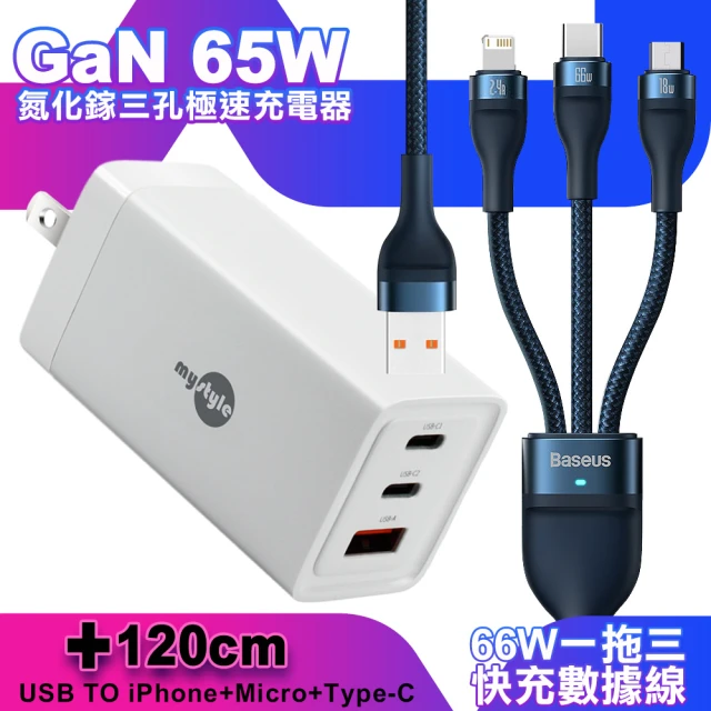 MYCELL 65W氮化鎵GDK55T 三孔1A2C 黑+M