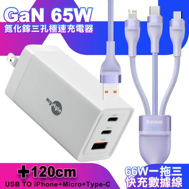 MYCELL 65W氮化鎵GDK55T 三孔1A2C 黑+M