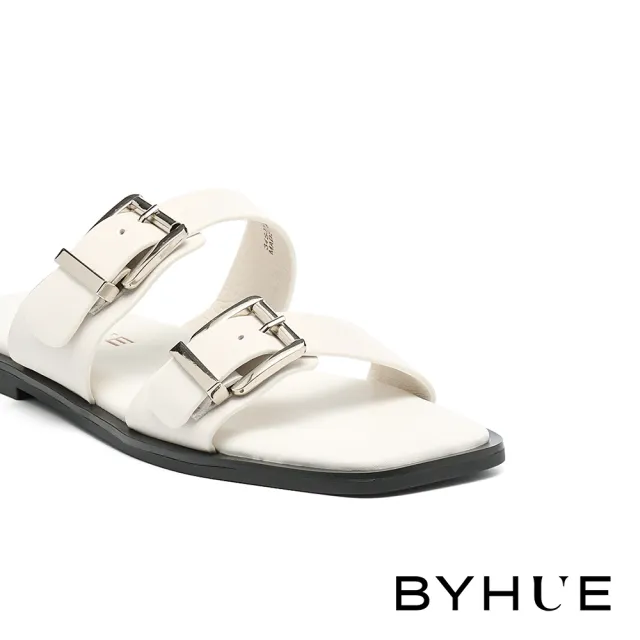 【BYHUE】率性質感方釦雙寬帶牛皮軟芯方頭平底拖鞋(白)