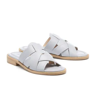 【BYHUE】簡約韓系編織寬帶全真皮軟芯低跟拖鞋(灰)