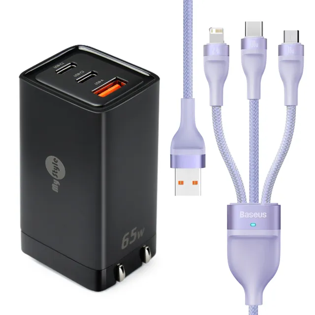 【MyStyle】65W GaN氮化鎵極速充電器-黑+倍思 100W USB TO TYPE-C/Lightning/Micro快速充電線-紫(1A2C)