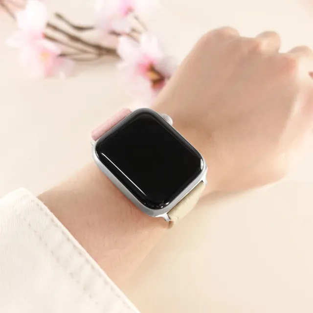 【Watchband】Apple Watch 全系列通用錶帶 蘋果手錶替用錶帶 雙色真皮錶帶(粉x米白色)