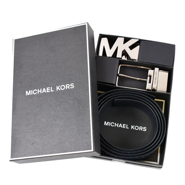 Michael Kors 男款 緹花LOGO小MK雙釦頭雙面用寬版皮帶禮盒組-深藍色