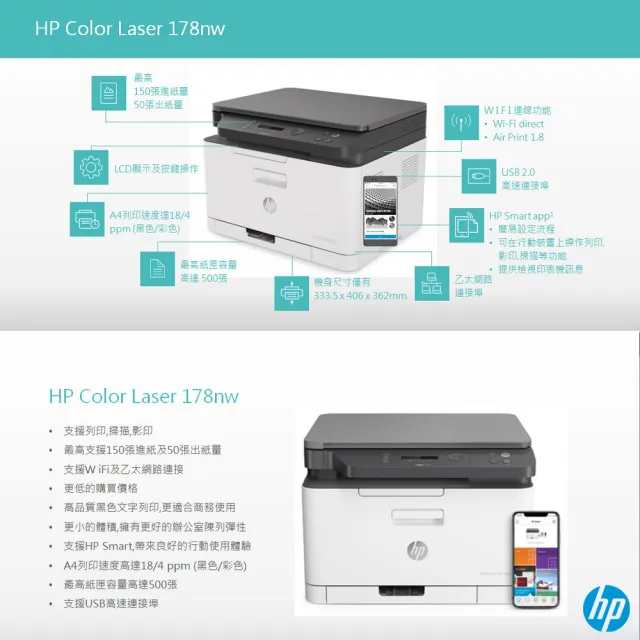【HP 惠普】Color Laser 178nw 彩色複合式印表機(4ZB96A)