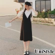 【UniStyle】假兩件短袖洋裝 韓系撞色拼接顯瘦減齡風 女 ZM196-568(黑)
