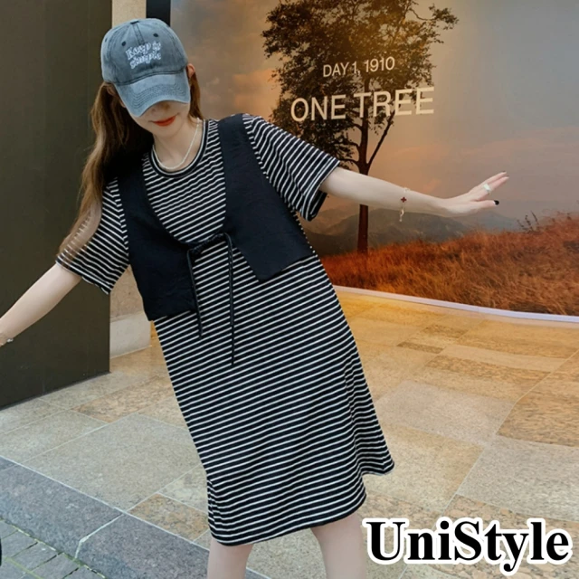 【UniStyle】假兩件背心馬甲條紋短袖洋裝 韓系顯瘦T恤裙 女 ZM087-6108(黑)