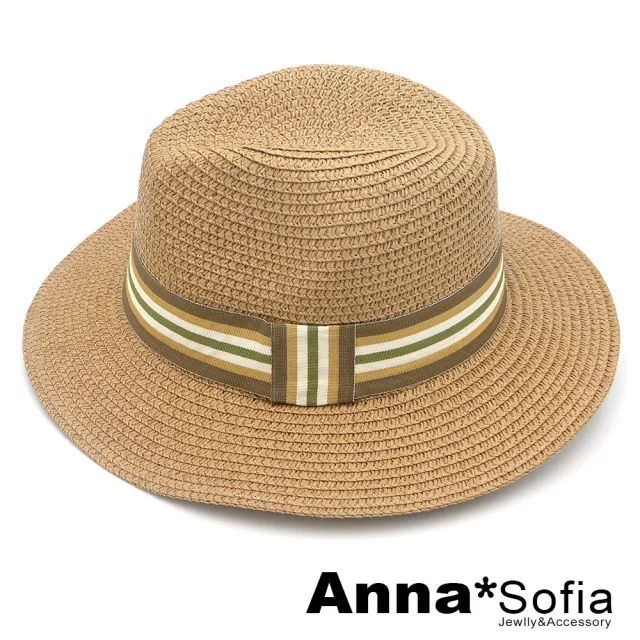 【AnnaSofia】買一送一久等禮 遮陽帽防曬帽網美渡假草帽海灘帽紳士帽爵士帽-色調織帶 現貨(駝系)