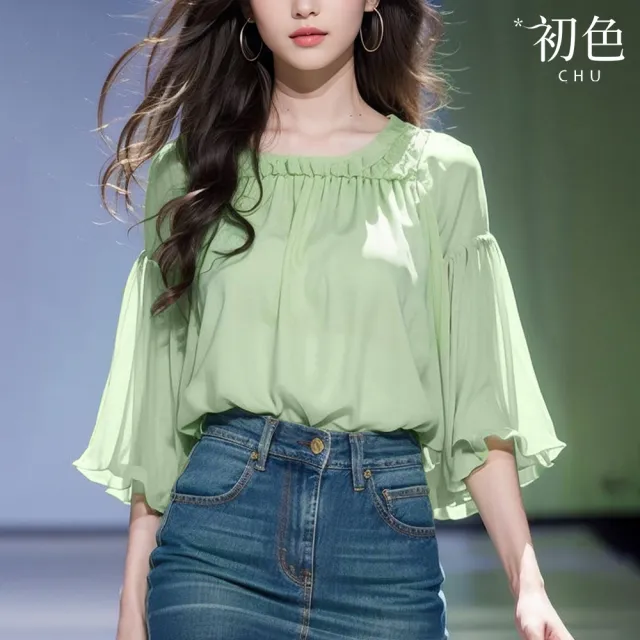 【初色】法式純色荷葉邊方領五分長袖襯衫T恤上衣女上衣-淡綠色-34475(M-2XL可選)