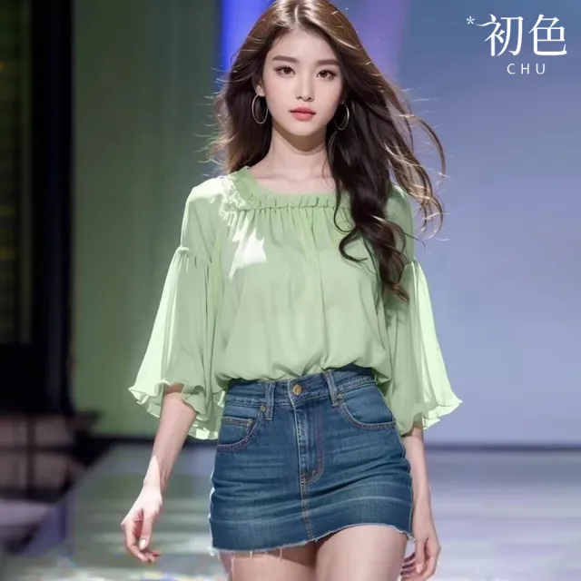 【初色】法式純色荷葉邊方領五分長袖襯衫T恤上衣女上衣-淡綠色-34475(M-2XL可選)