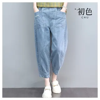 【初色】復古風顯瘦拼接刺繡牛仔休閒寬褲九分長褲-共2色-33887(M-2XL可選)