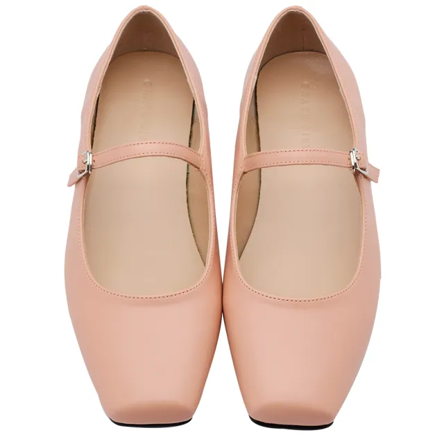 【Grace Gift】氣質方頭瑪莉珍芭蕾平底鞋(粉橘)