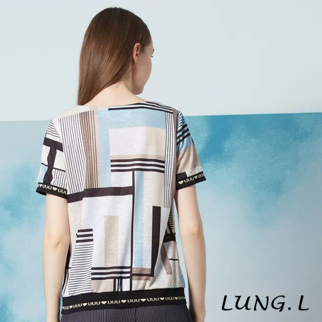 【LUNG.L 林佳樺】LN95A白底卡其色塊搭配條紋短袖女裝上衣