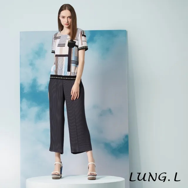 【LUNG.L 林佳樺】LN95A白底卡其色塊搭配條紋短袖女裝上衣