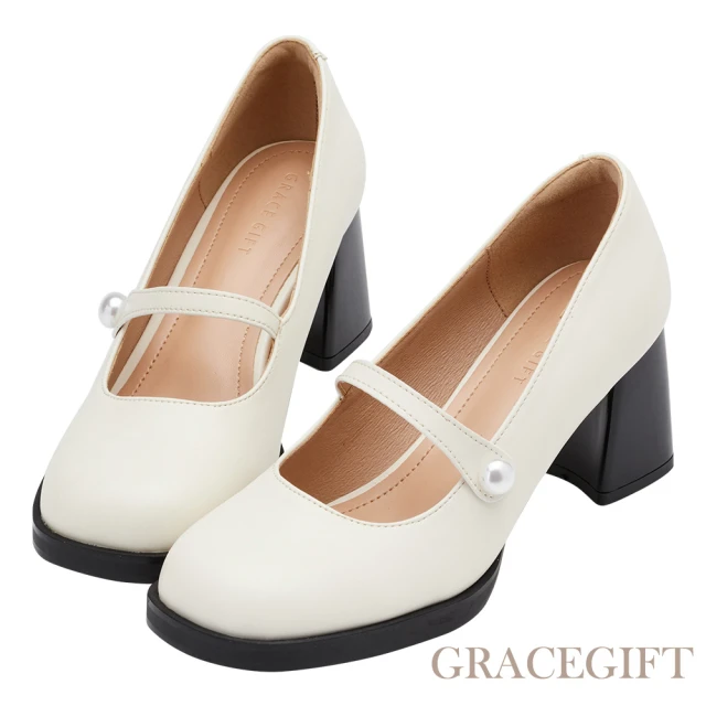 Grace Gift 時尚圓頭珍珠中高跟瑪莉珍芭蕾舞鞋(米白)