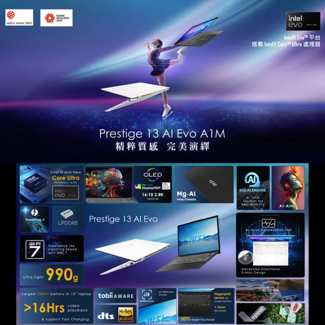 M365★【MSI 微星】Prestige 13 AI Evo A1MG-011TW(Intel Core Ultra 7 155H/32G/1T SSD/Win11Pro)