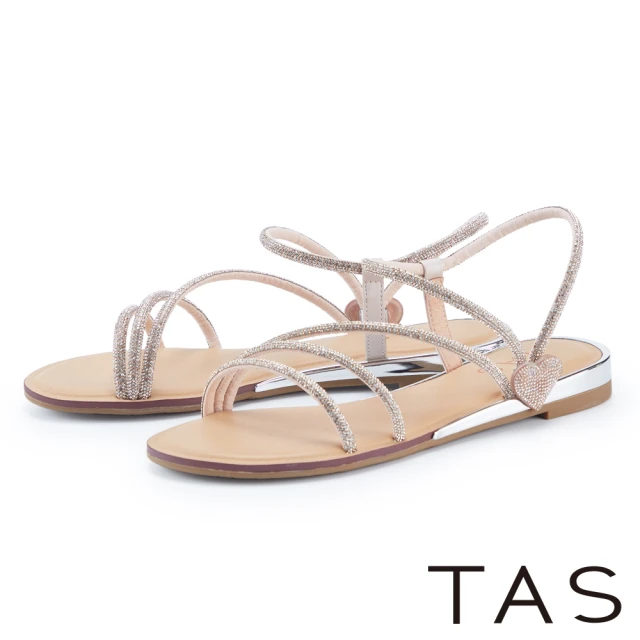 TAS 氣質細緻鑽條粗跟氣質愛心水鑽細帶平底涼鞋(粉色)