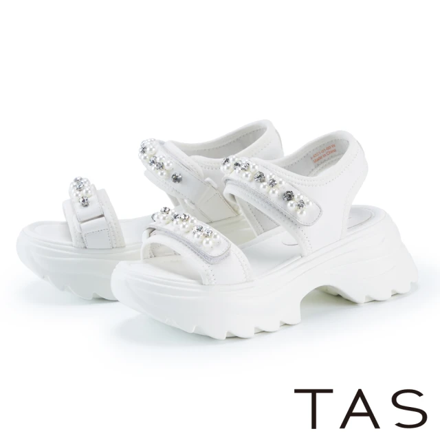 TAS 珍珠鑽飾雙帶真皮厚底涼鞋(白色)好評推薦