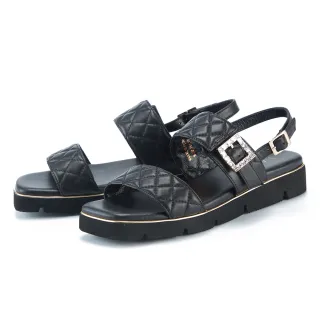 【TAS】水鑽飾釦菱格縫線真皮厚底涼鞋(黑色)